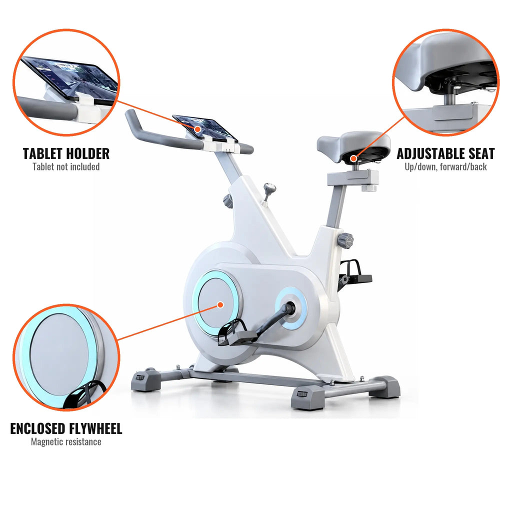 Magnetic Exercise Bike with Belt Drive, Enclosed Flywheel and Tablet Holder, White