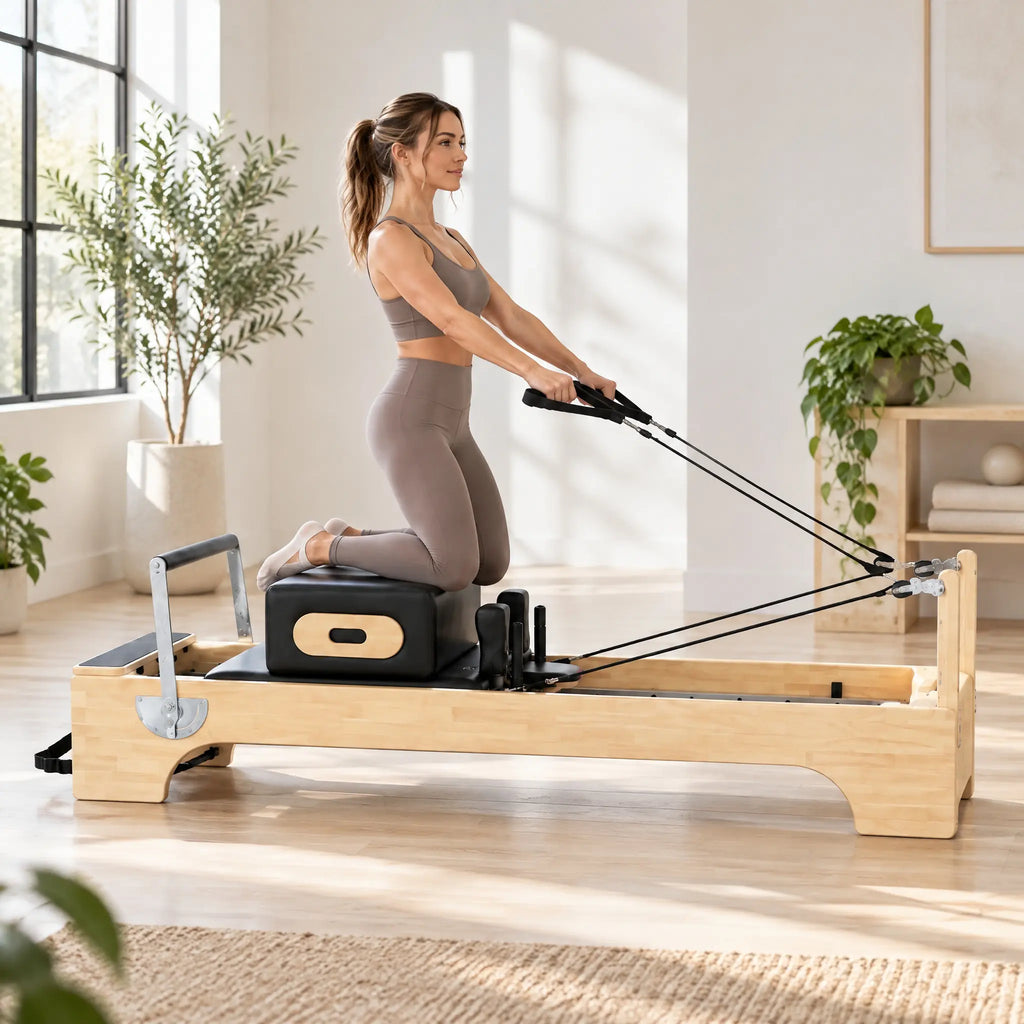 Oak Wood Pilates Reformer with Cut-Out Base and Padded Box