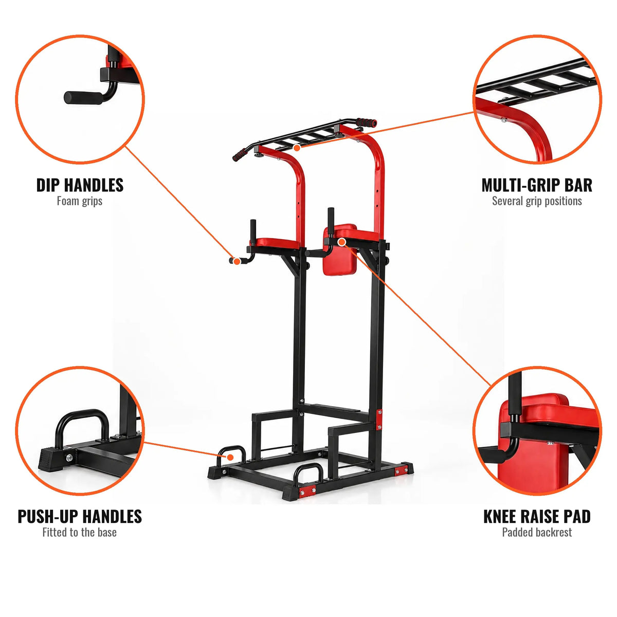 Red and Black Power Tower with Multi-Grip Pull-Up Bar and Dip Station