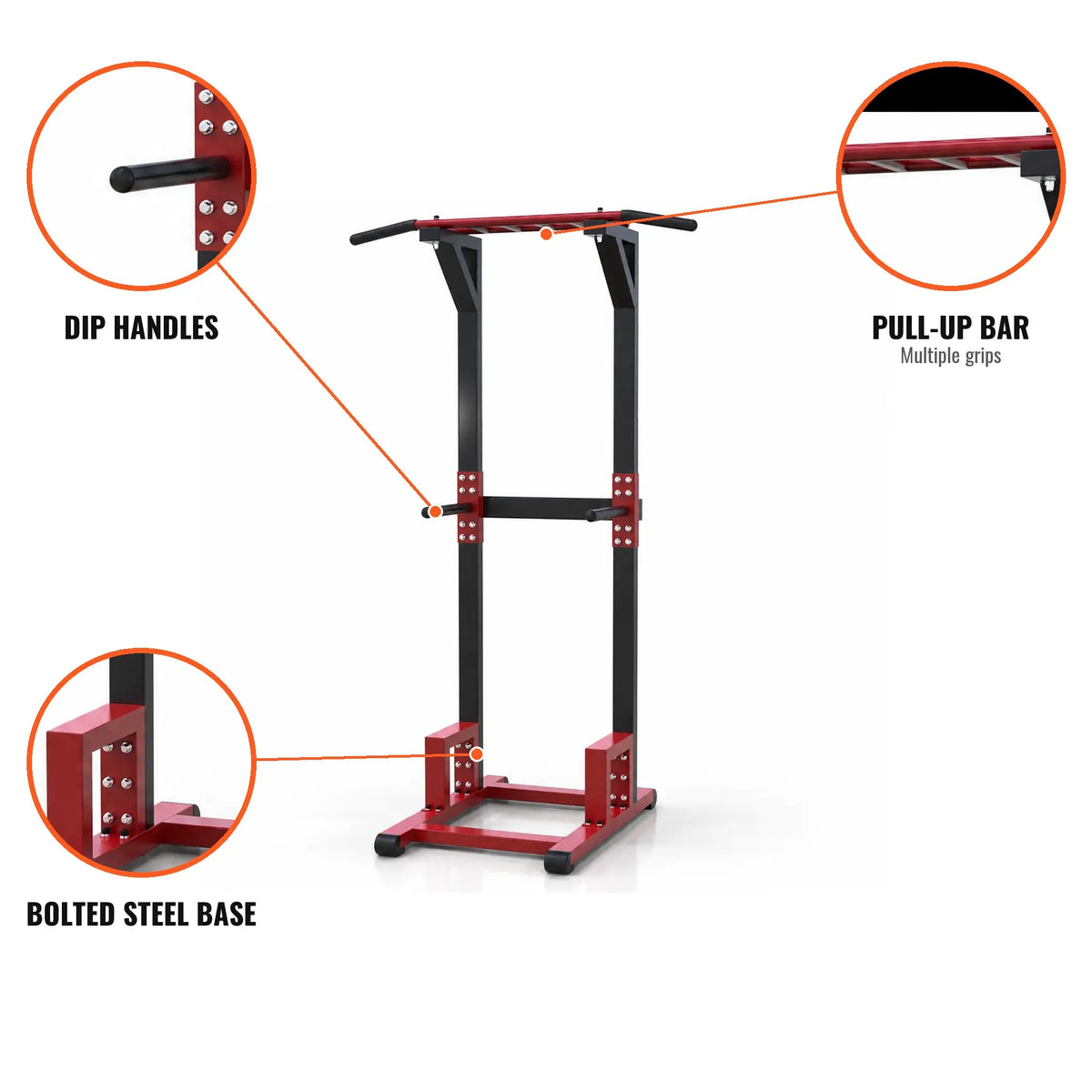 Tall Open-Frame Power Tower in Red and Black with Pull-Up Bar and Dip Handles