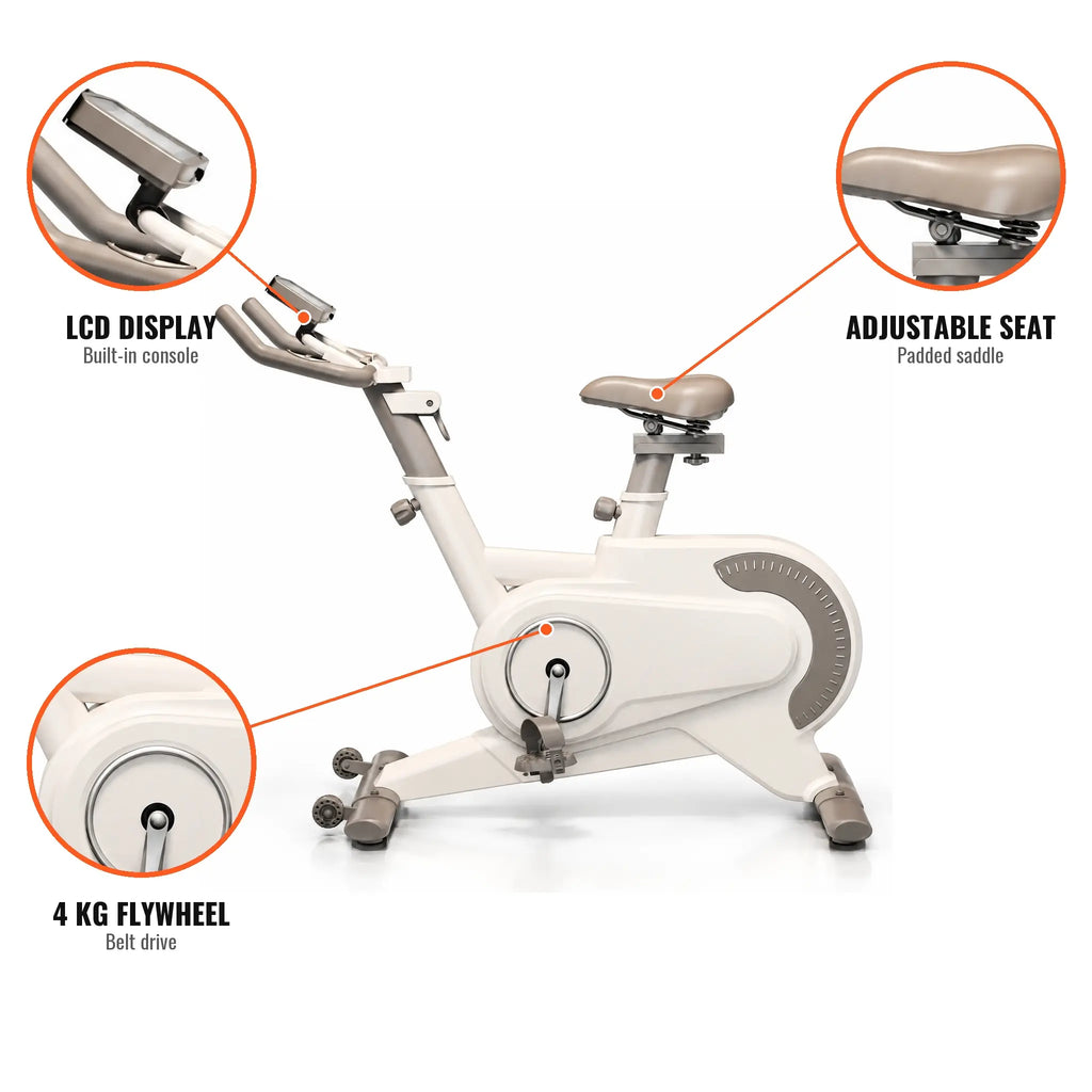 White Magnetic Exercise Bike with Belt Drive, 4 kg Flywheel and LCD Display