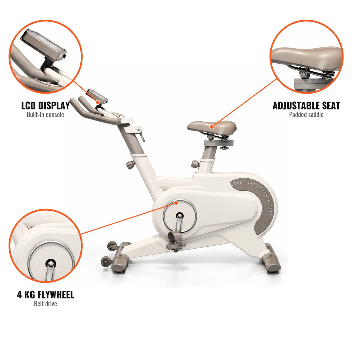 White Magnetic Exercise Bike with Belt Drive, 4 kg Flywheel and LCD Display