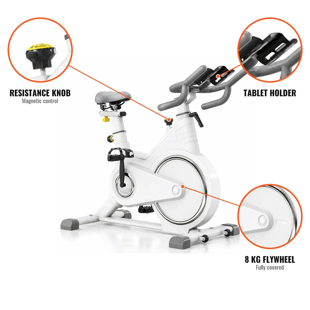 White Magnetic Spin Bike with 8 kg Flywheel, Tablet Holder and 150 kg Capacity