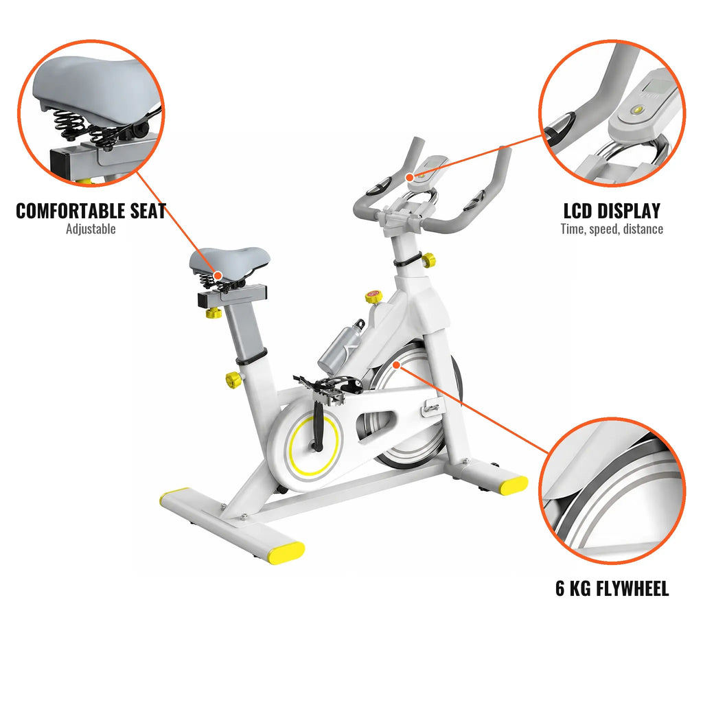 White Spin Bike with Yellow Accents, 6 kg Flywheel and LCD Display