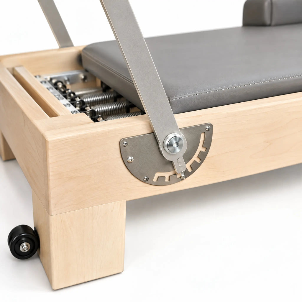 Wooden Pilates Reformer with Grey Padded Carriage and Footbar