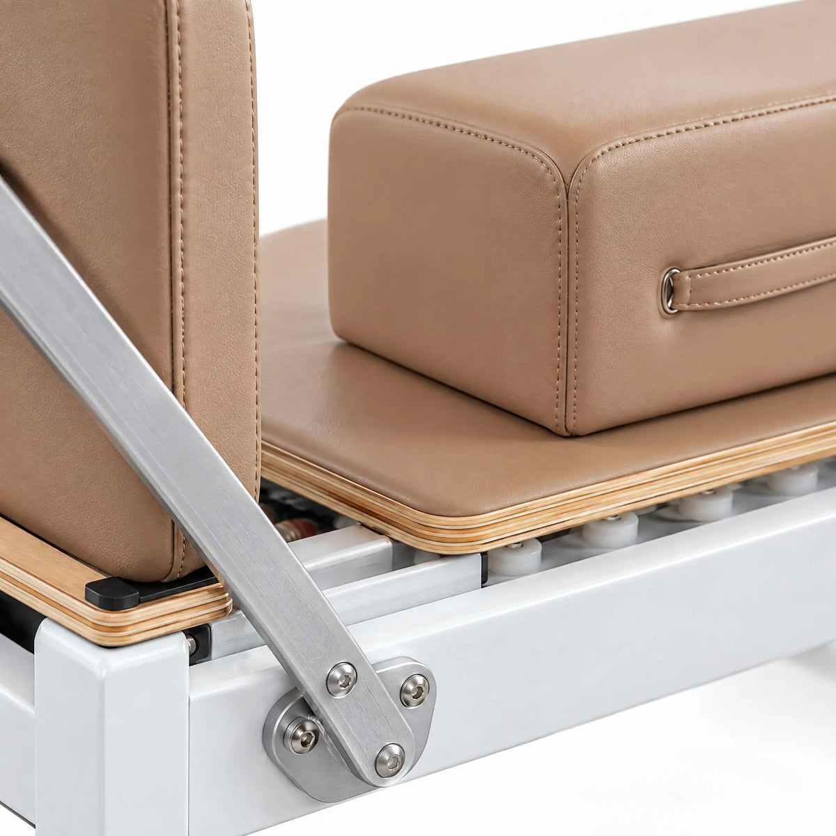 Aluminium and Wood Pilates Reformer Set, White Frame with Taupe Upholstery