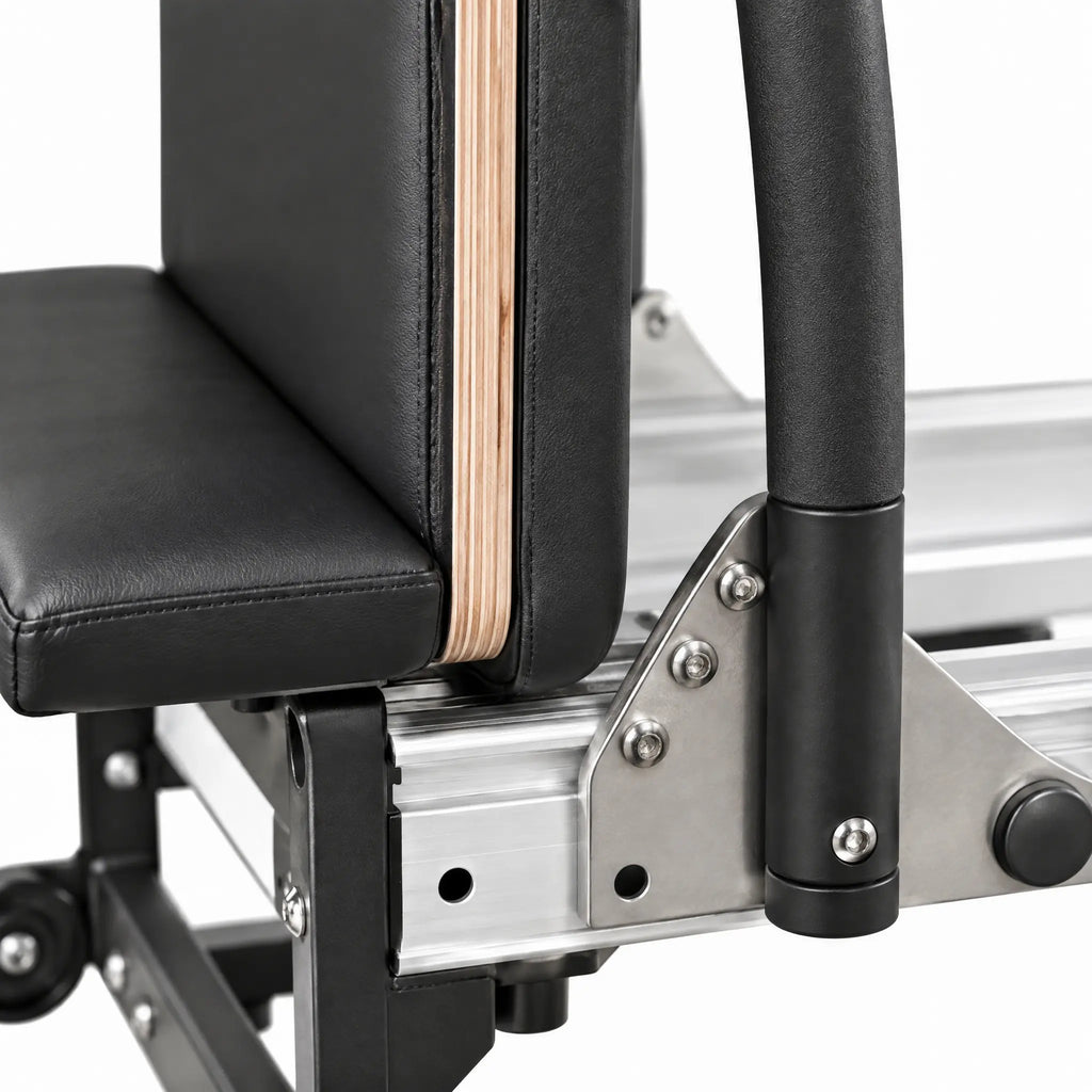 Aluminium and Wood Pilates Reformer with Black Upholstery