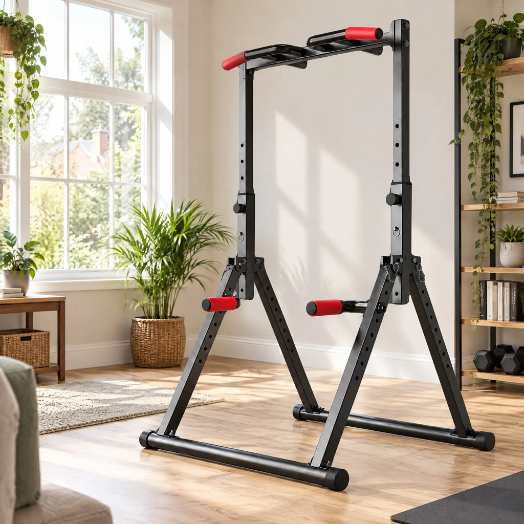 Foldable A-Frame Power Tower with Pull-Up Bar, Dip Handles and Red Foam Grips