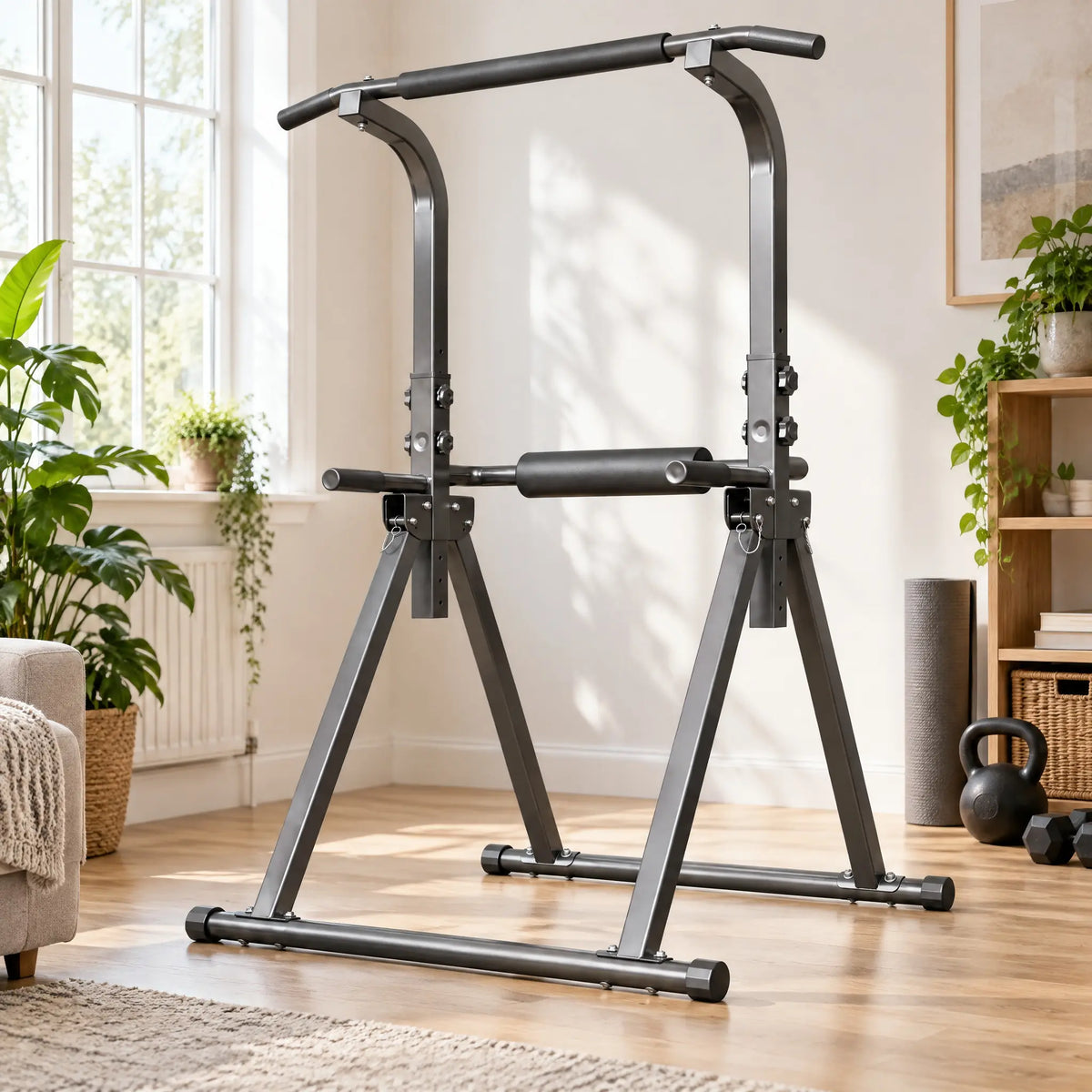Foldable Free-Standing Pull-Up Station with Adjustable Height and Optional Armrests