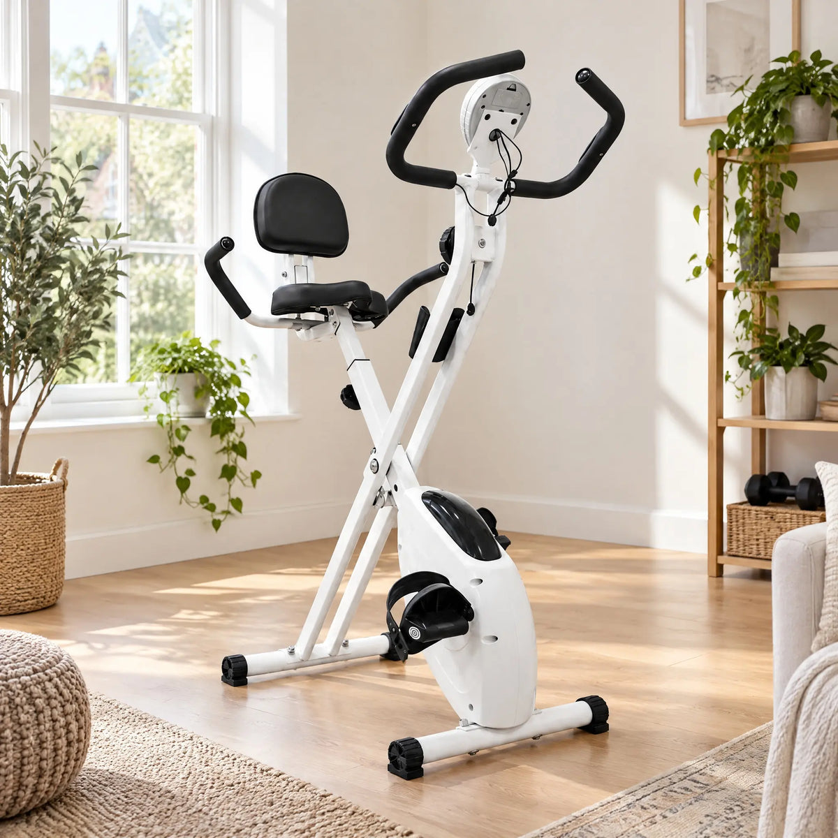 Foldable White Magnetic Exercise Bike with Backrest and Heart Rate Handgrips