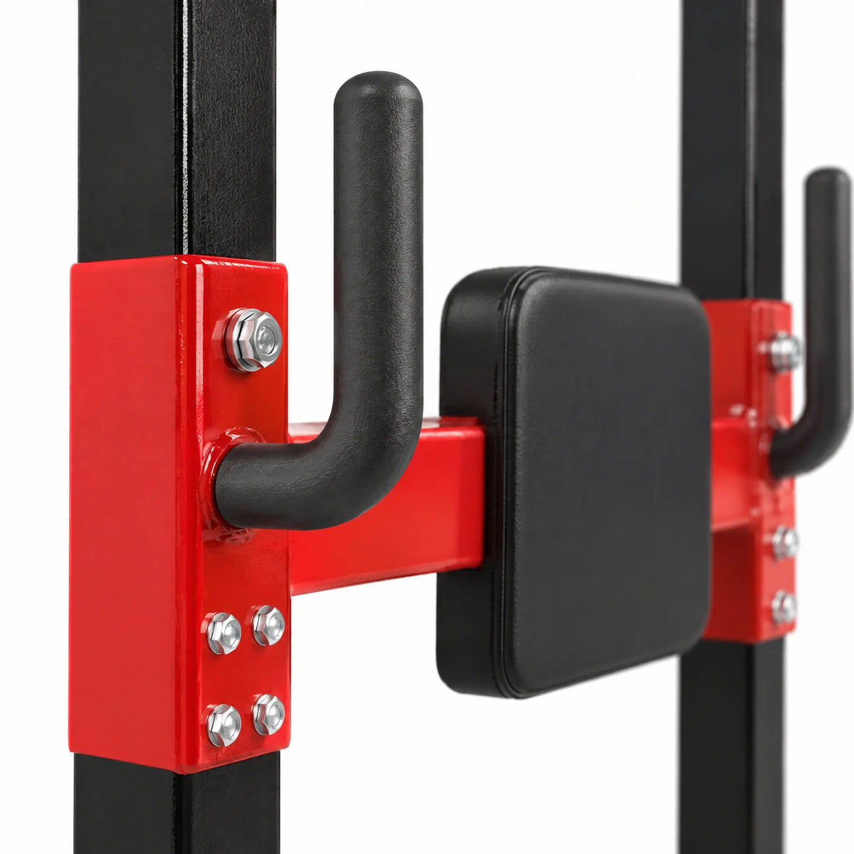 Free-Standing Black and Red Power Tower with Pull-Up Bar and Padded Backrest