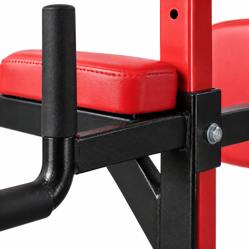 Red and Black Power Tower with Multi-Grip Pull-Up Bar and Dip Station