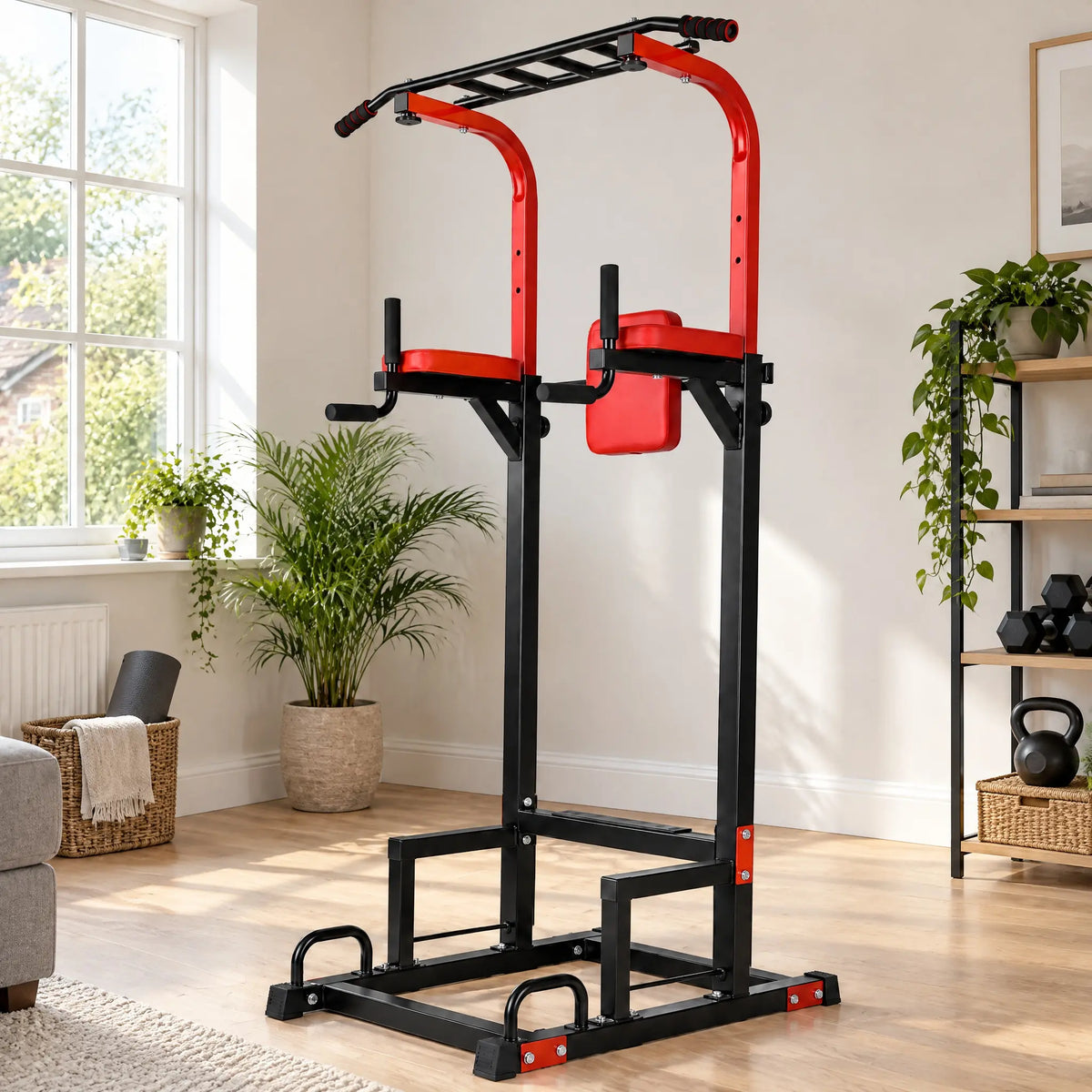 Red and Black Power Tower with Multi-Grip Pull-Up Bar and Dip Station
