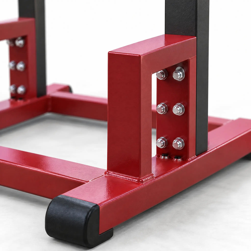 Tall Open-Frame Power Tower in Red and Black with Pull-Up Bar and Dip Handles