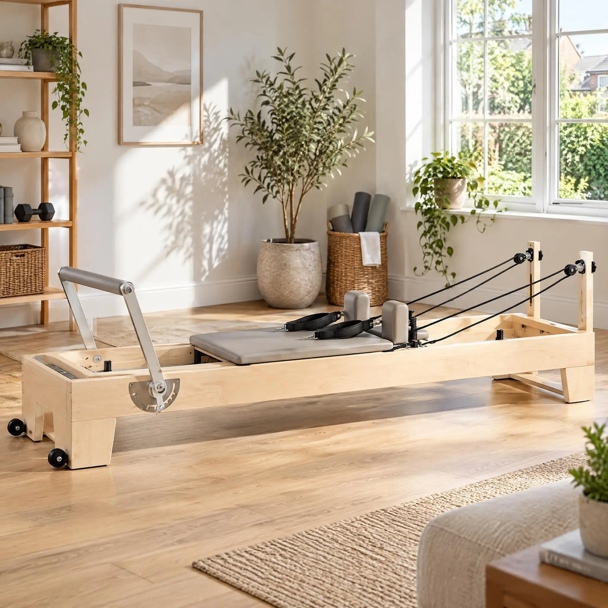 Wooden Pilates Reformer with Grey Padded Carriage and Footbar