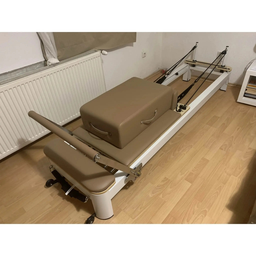 Aluminium and Wood Pilates Reformer Set, White Frame with Taupe Upholstery