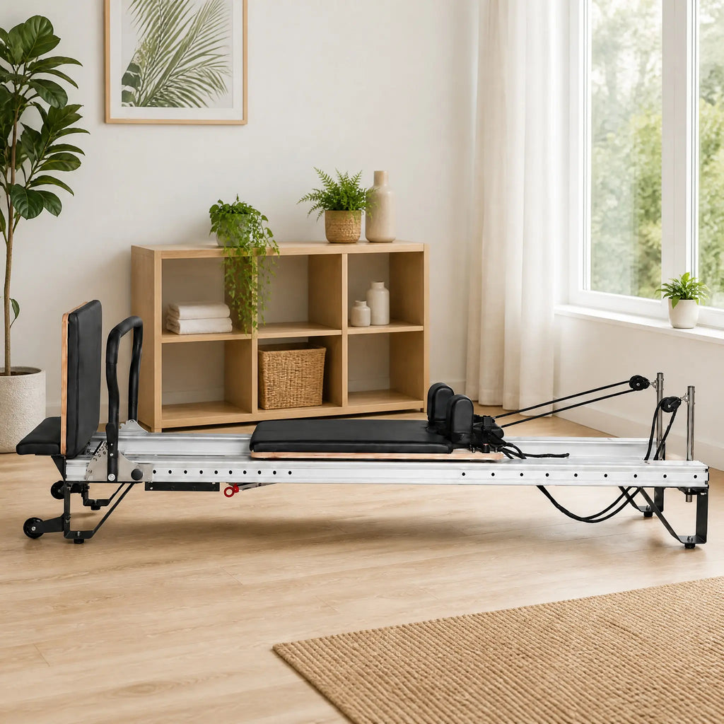 Aluminium and Wood Pilates Reformer with Black Upholstery