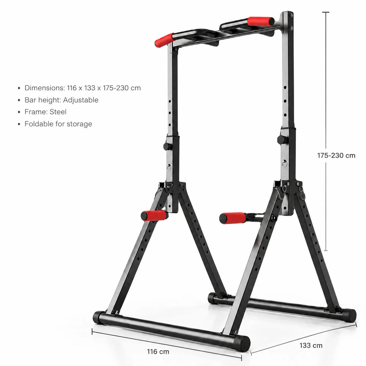 Foldable A-Frame Power Tower with Pull-Up Bar, Dip Handles and Red Foam Grips