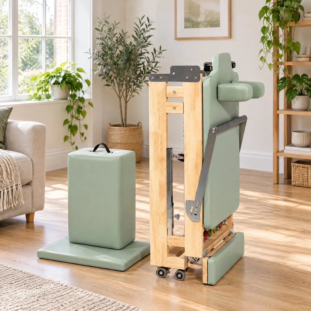 Foldable Maple Pilates Reformer with Sage Green Upholstery and Upright Storage
