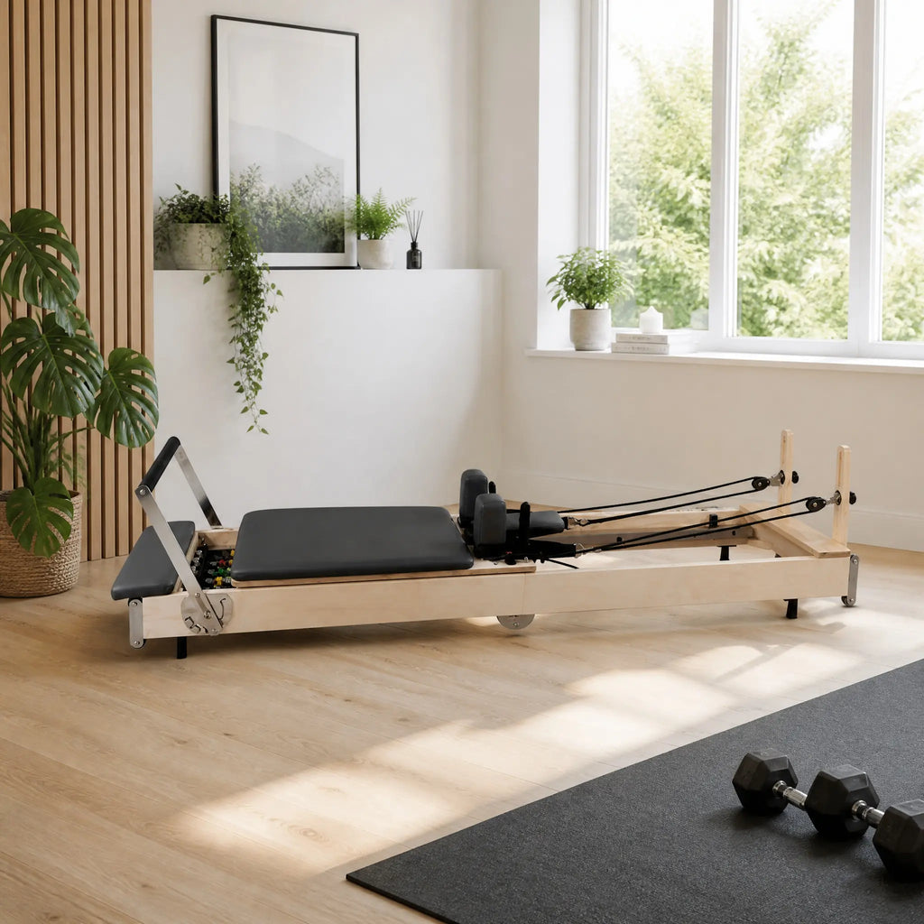 Foldable Maple Wood Pilates Reformer with Steel Backrest Frame, Black