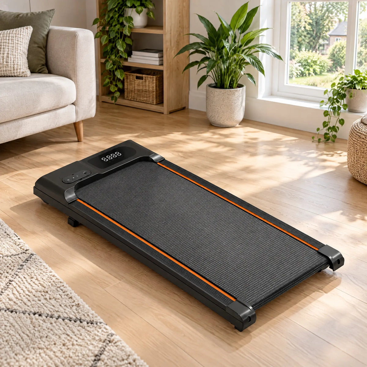 Foldable Under-Desk Walking Pad with LED Display and Remote Control, Black and Orange