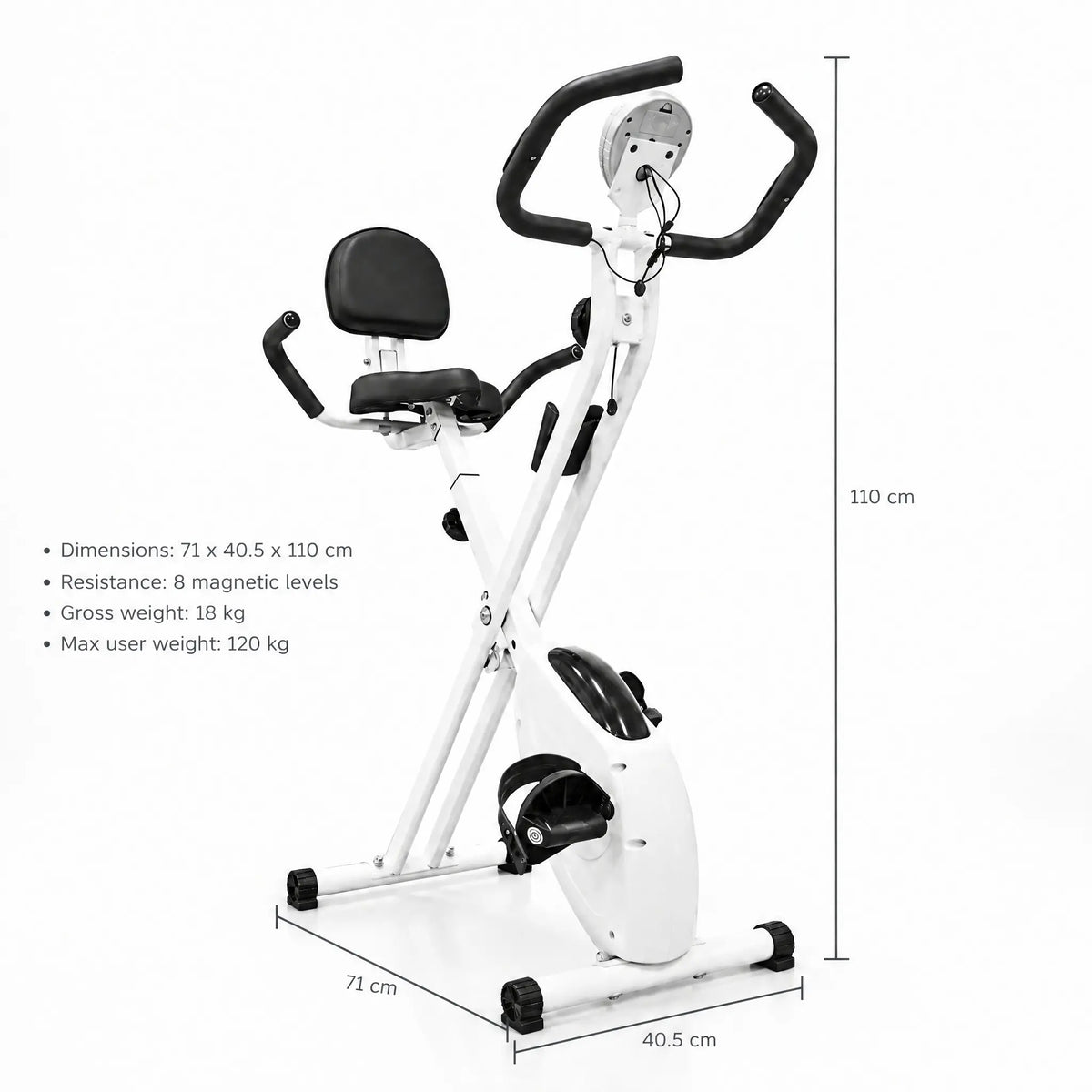 Foldable White Magnetic Exercise Bike with Backrest and Heart Rate Handgrips