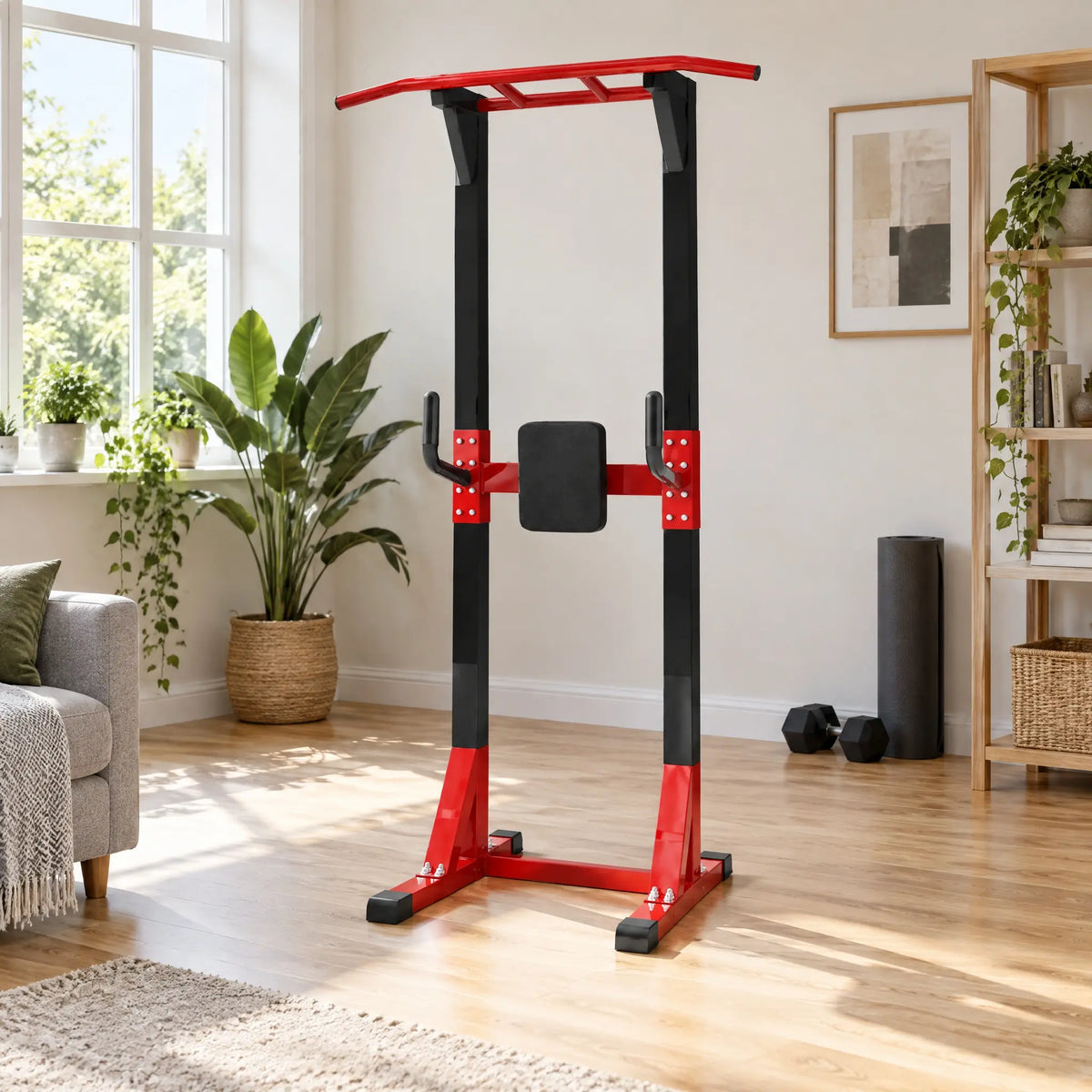 Free-Standing Black and Red Power Tower with Pull-Up Bar and Padded Backrest