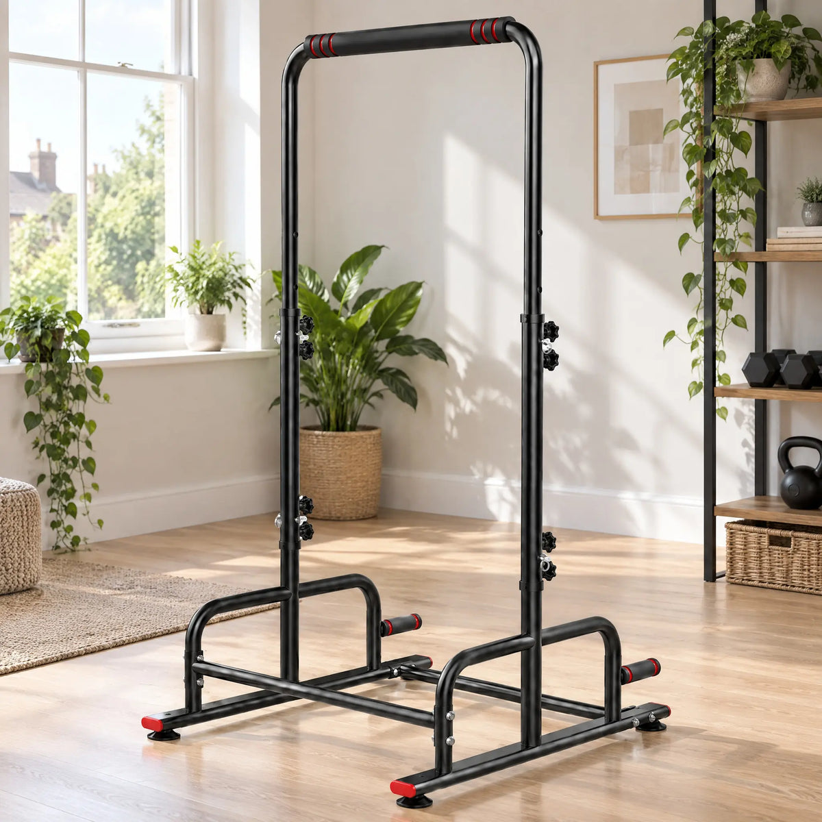 Free-Standing Pull-Up Frame with Height-Adjustable Bar and Push-Up Handles