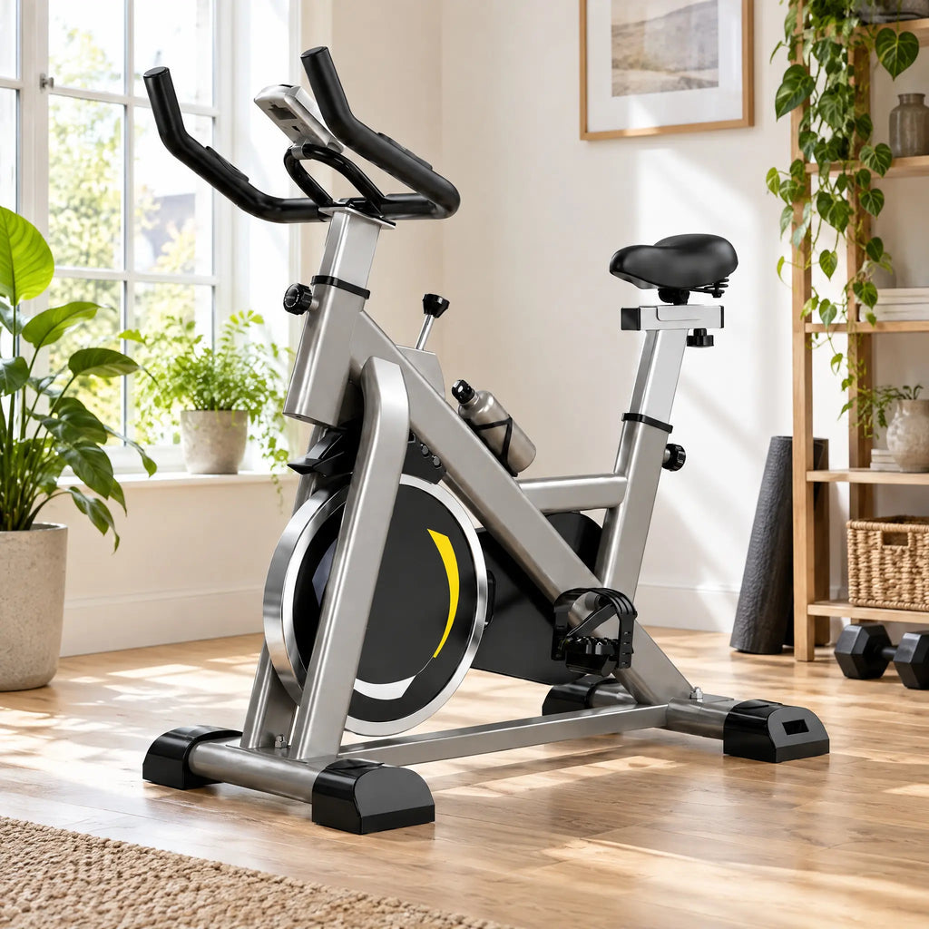 Grey Spin Bike with Yellow Accents, 6 kg Flywheel and LCD Display