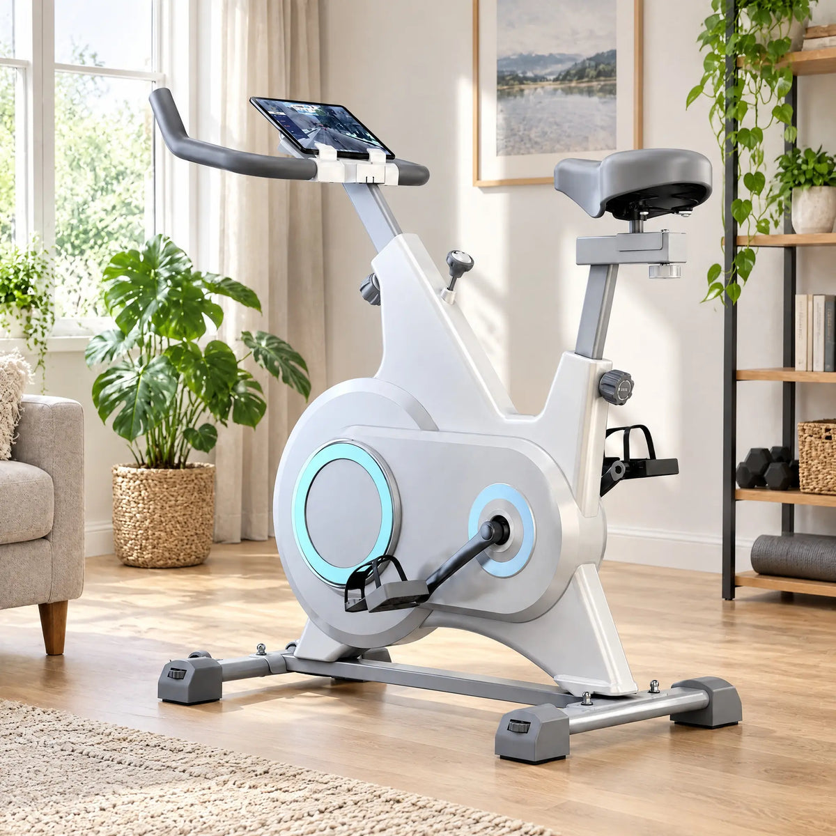 Magnetic Exercise Bike with Belt Drive, Enclosed Flywheel and Tablet Holder, White