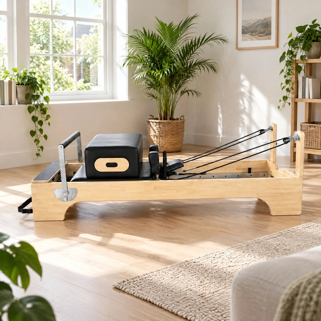 Oak Wood Pilates Reformer with Cut-Out Base and Padded Box