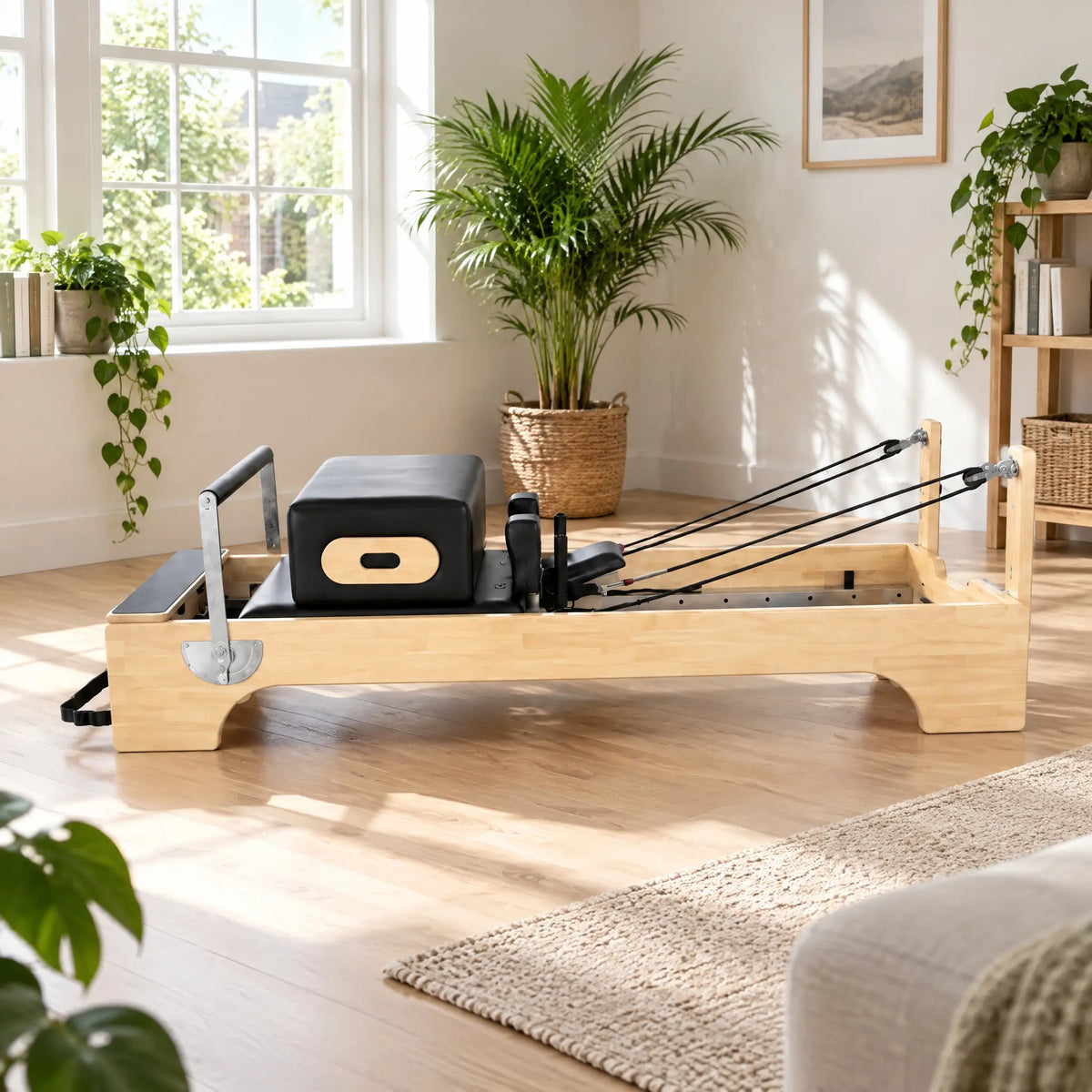 Oak Wood Pilates Reformer with Cut-Out Base and Padded Box