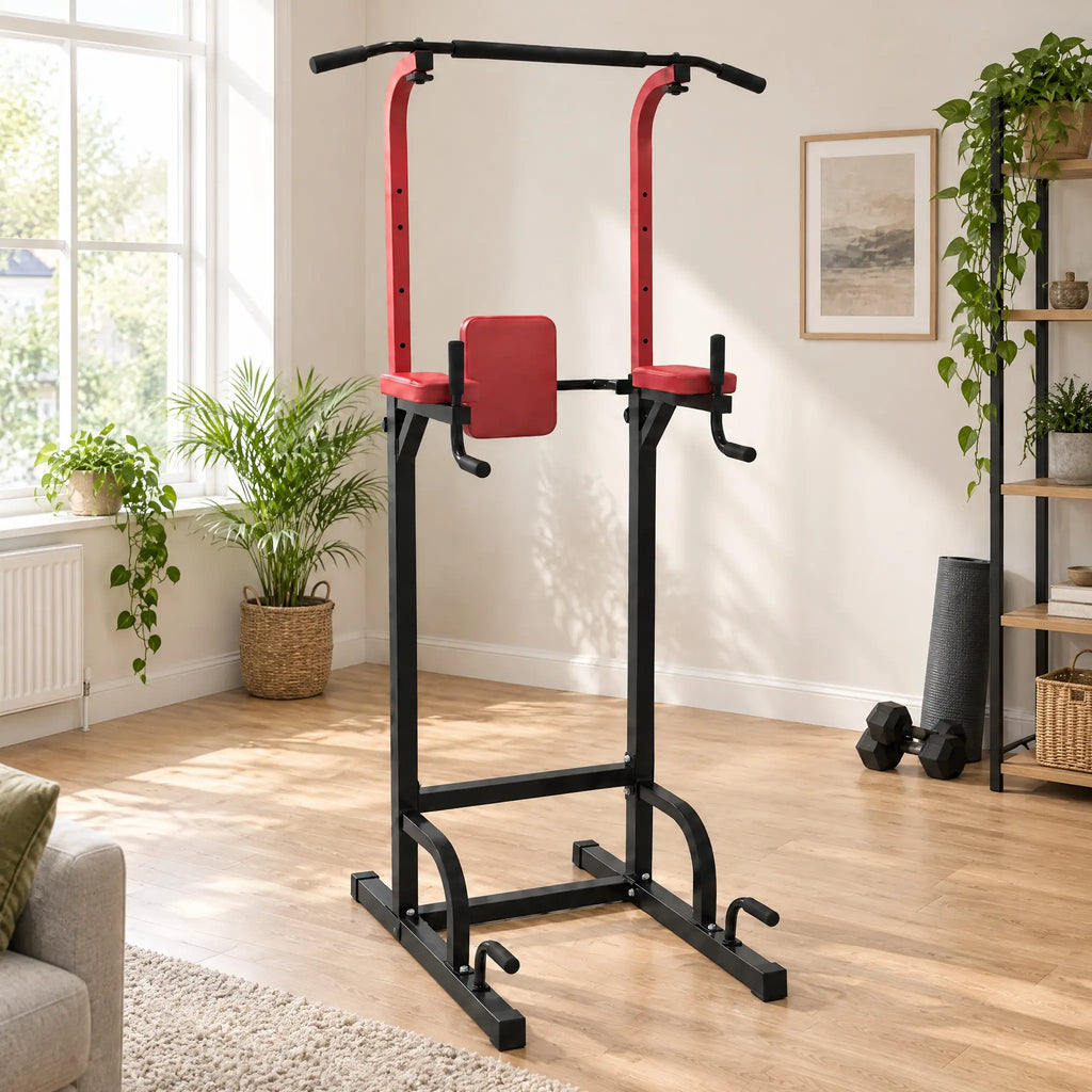 Steel Power Tower with Pull-Up Bar, Padded Dip Arms and Knee Raise Backrest