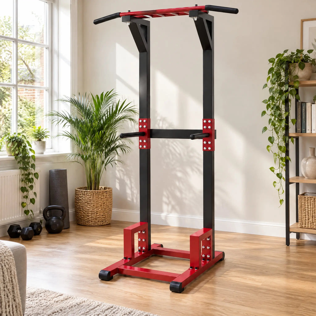 Tall Open-Frame Power Tower in Red and Black with Pull-Up Bar and Dip Handles