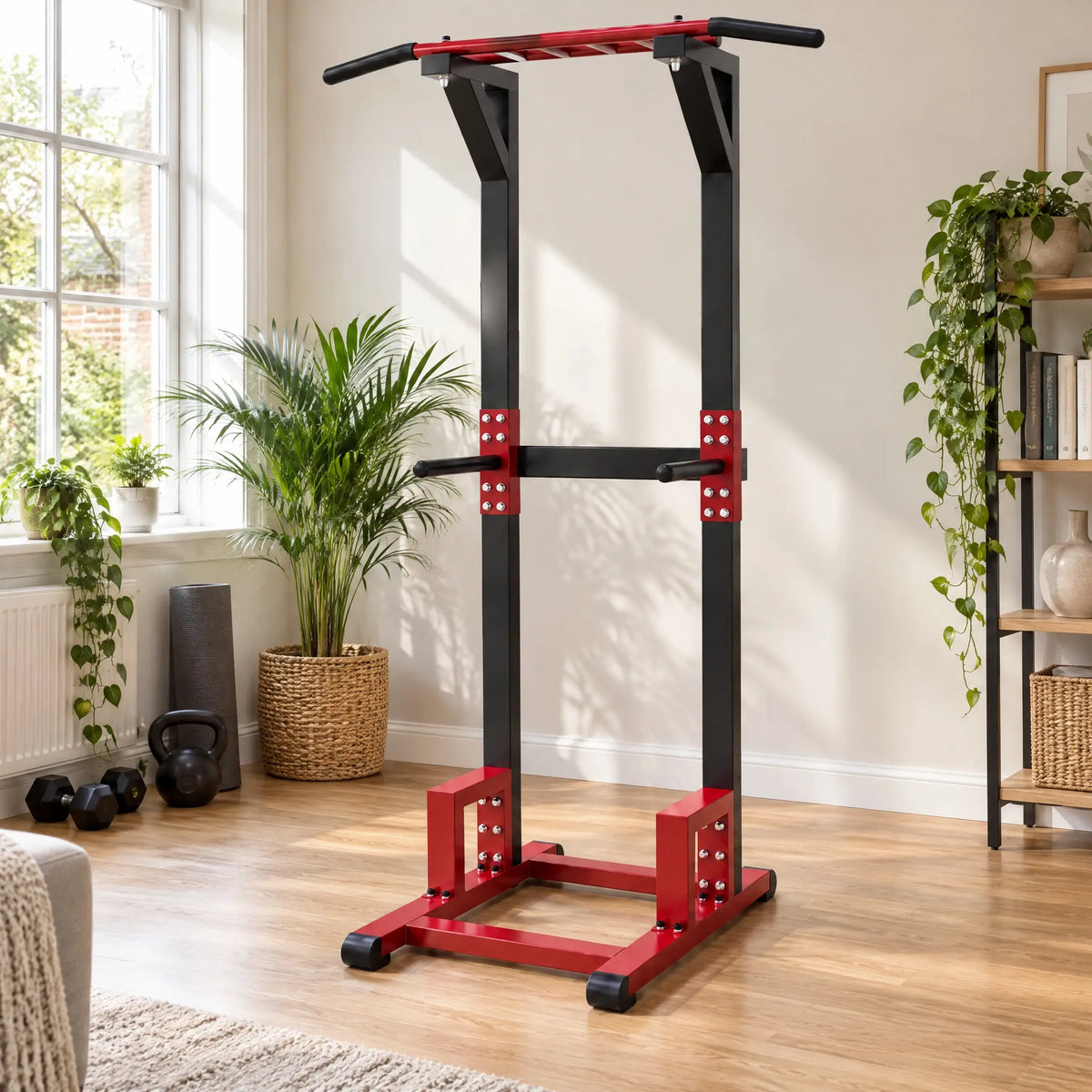 Tall Open-Frame Power Tower in Red and Black with Pull-Up Bar and Dip Handles