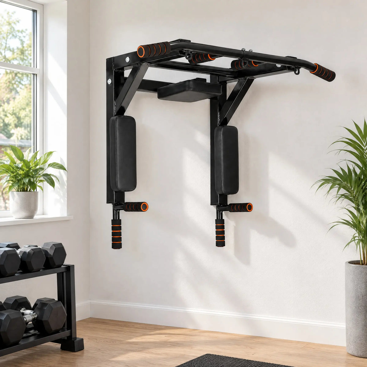 Wall-Mounted Pull-Up and Dip Station with Padded Backrests