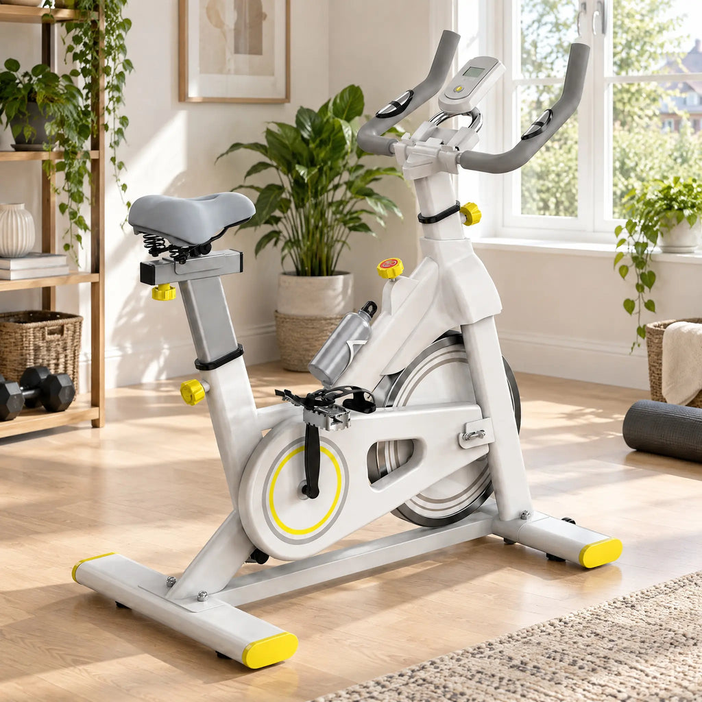 White Spin Bike with Yellow Accents, 6 kg Flywheel and LCD Display