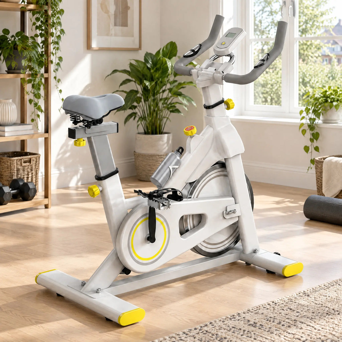 White Spin Bike with Yellow Accents, 6 kg Flywheel and LCD Display
