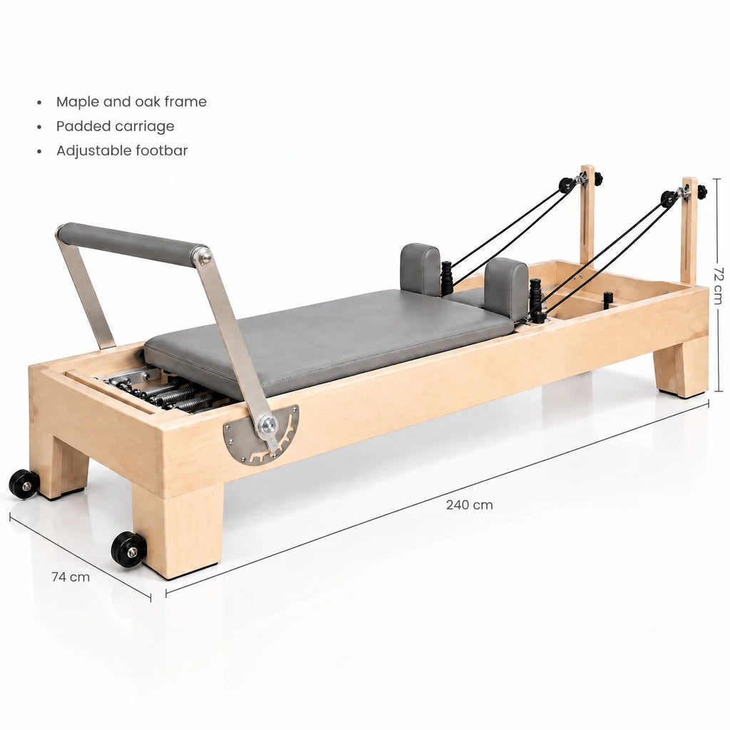 Wooden Pilates Reformer with Grey Padded Carriage and Footbar