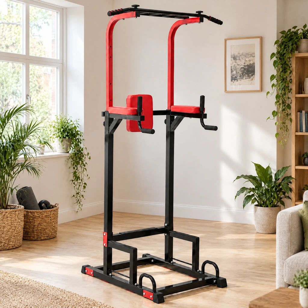 Adjustable Power Tower with Knee Raise Backrest, Dip Handles and Push-Up Base