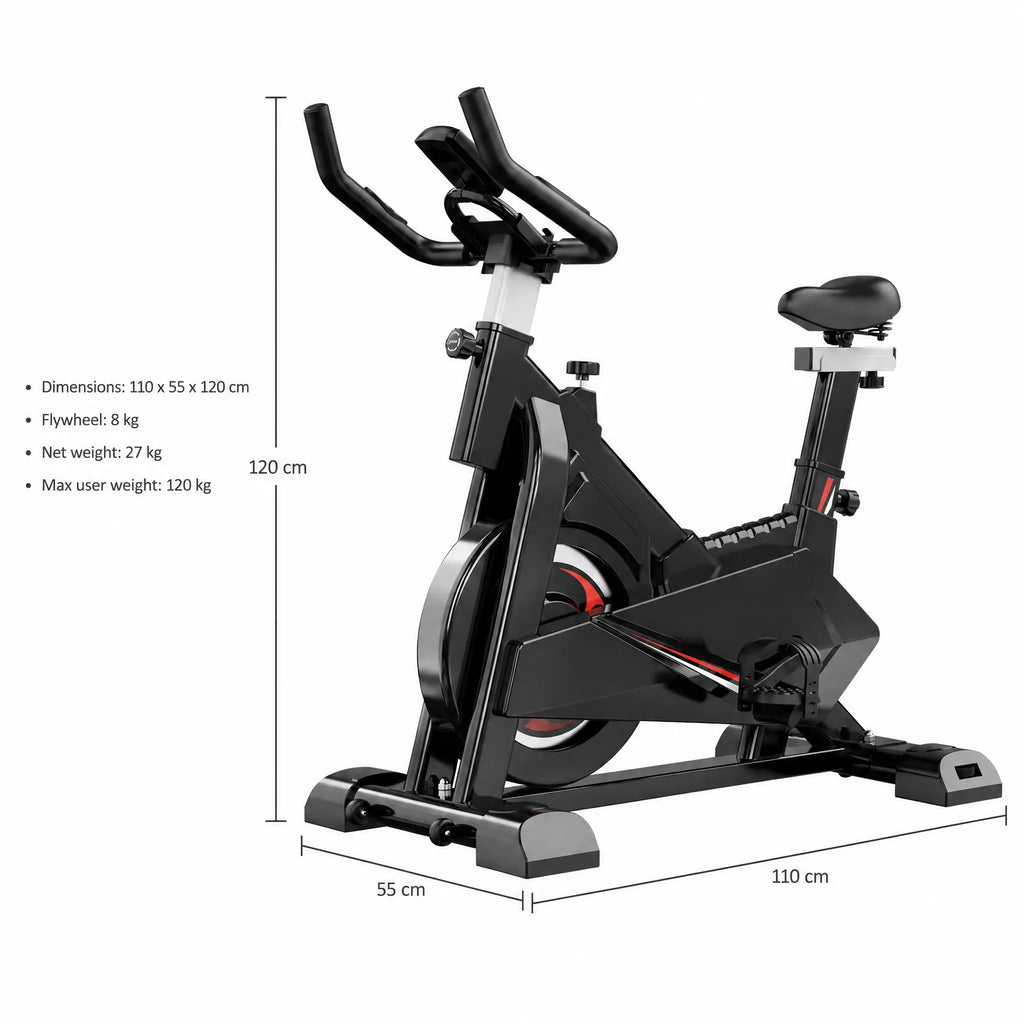 Black Spin Bike with 8 kg Flywheel, Resistance Lever and LCD Display