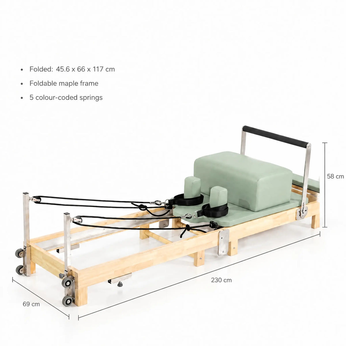 Foldable Maple Pilates Reformer with Sage Green Upholstery and Upright Storage