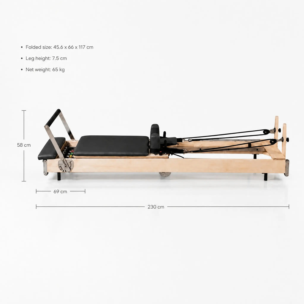 Foldable Maple Wood Pilates Reformer with Steel Backrest Frame, Black