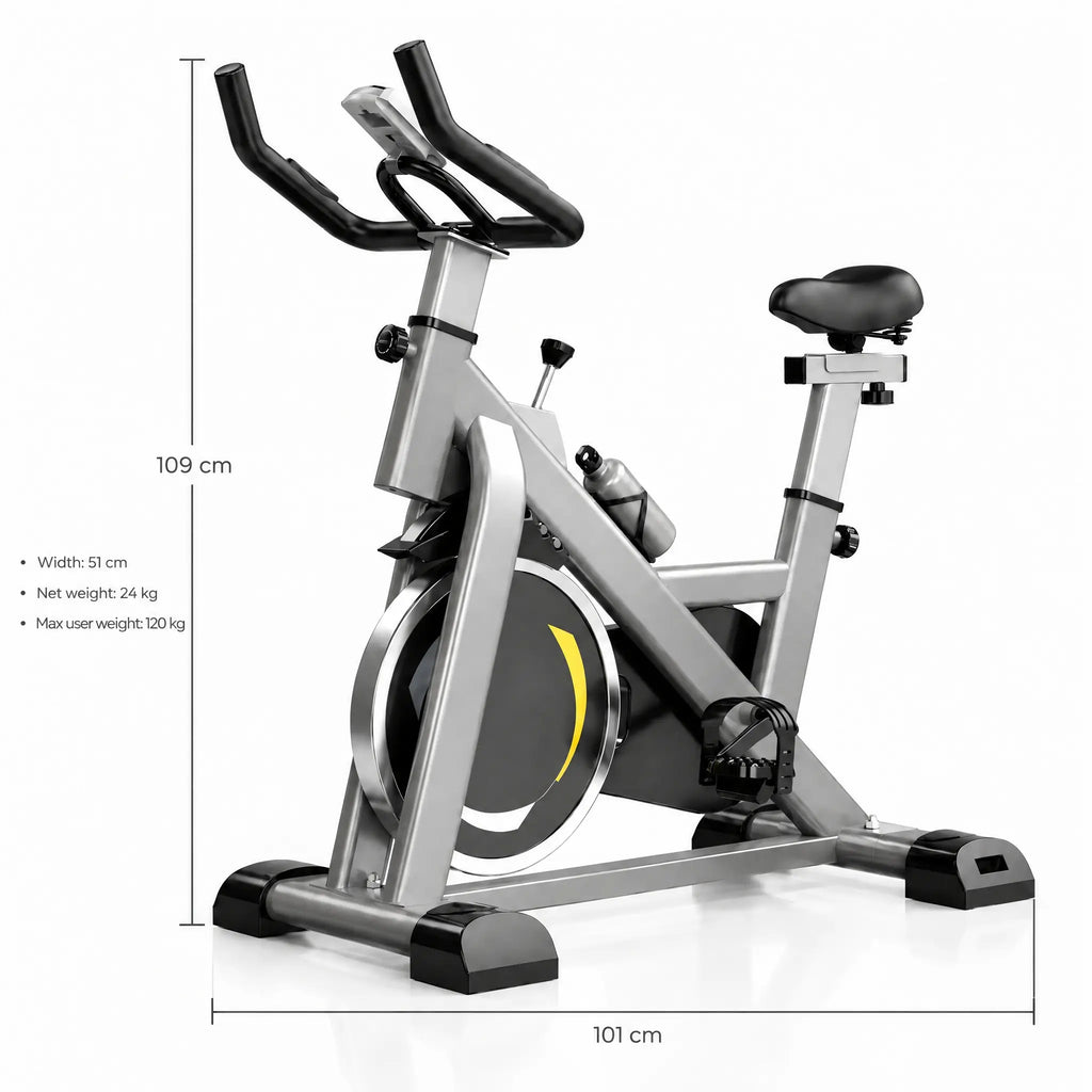 Grey Spin Bike with Yellow Accents, 6 kg Flywheel and LCD Display