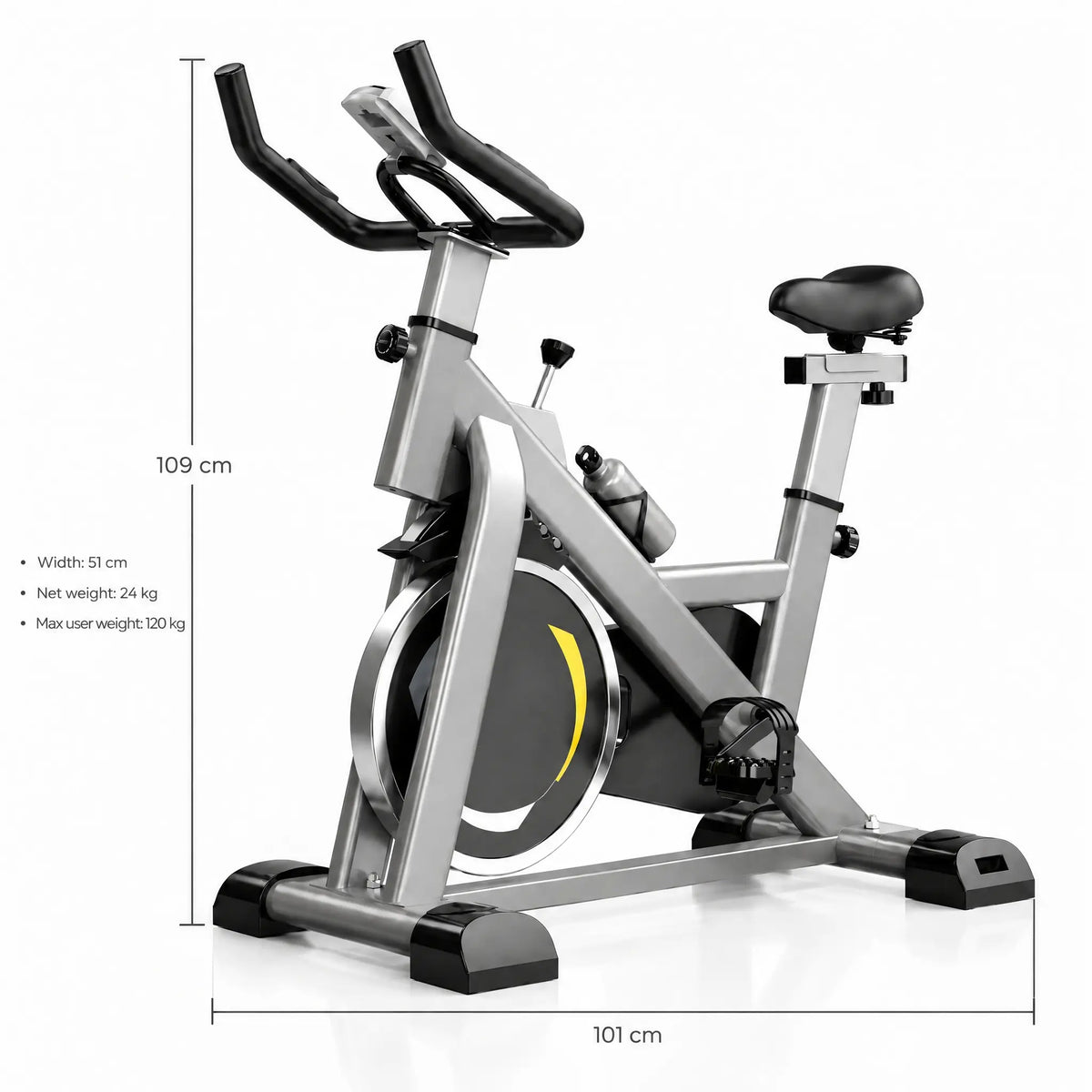 Grey Spin Bike with Yellow Accents, 6 kg Flywheel and LCD Display