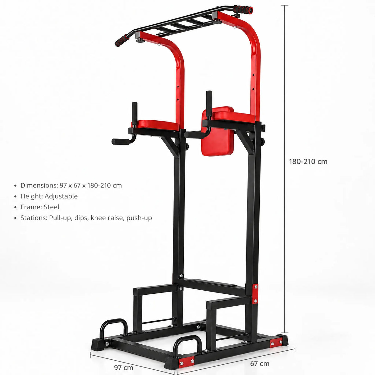 Red and Black Power Tower with Multi-Grip Pull-Up Bar and Dip Station