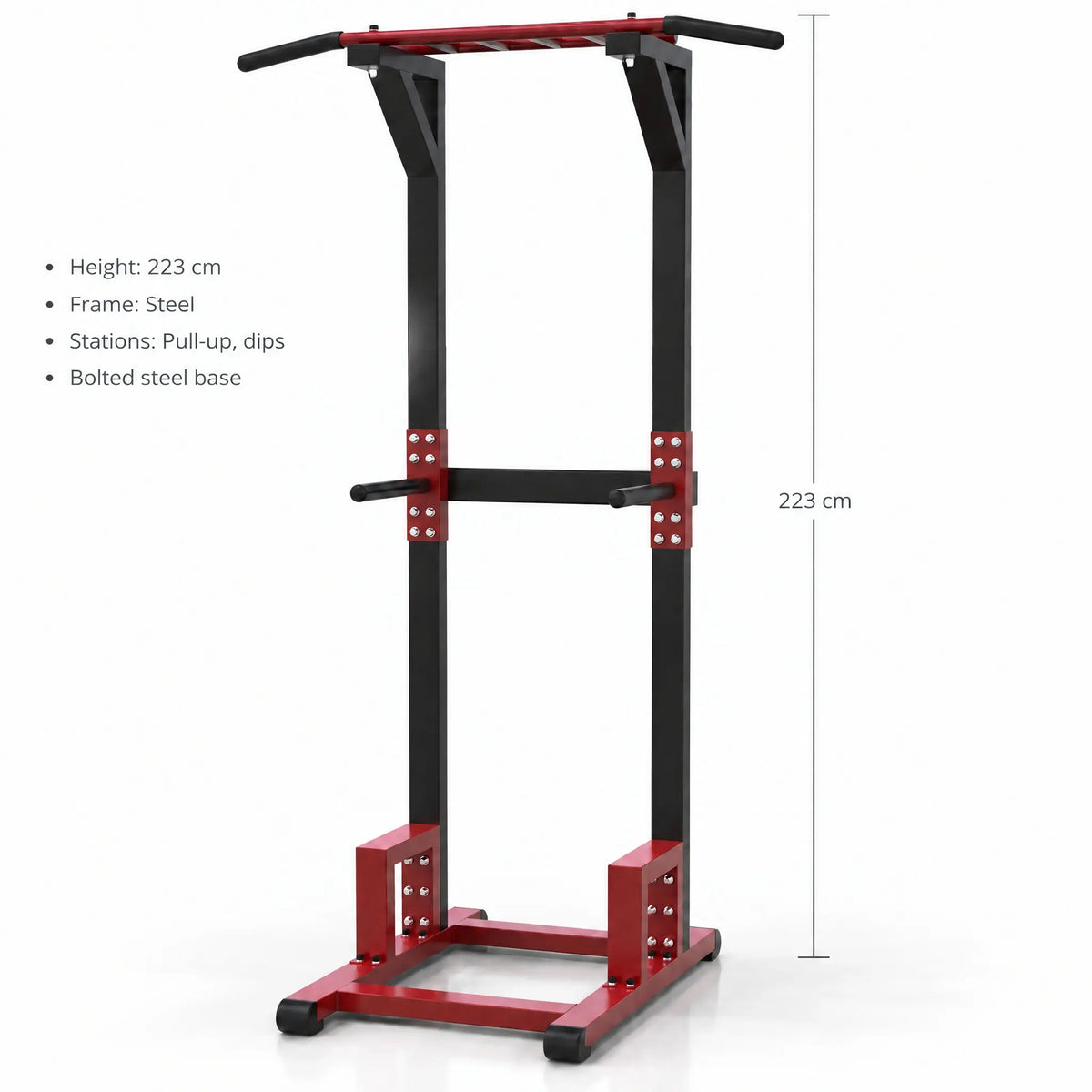 Tall Open-Frame Power Tower in Red and Black with Pull-Up Bar and Dip Handles