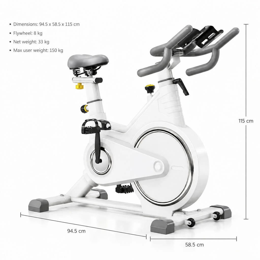 White Magnetic Spin Bike with 8 kg Flywheel, Tablet Holder and 150 kg Capacity