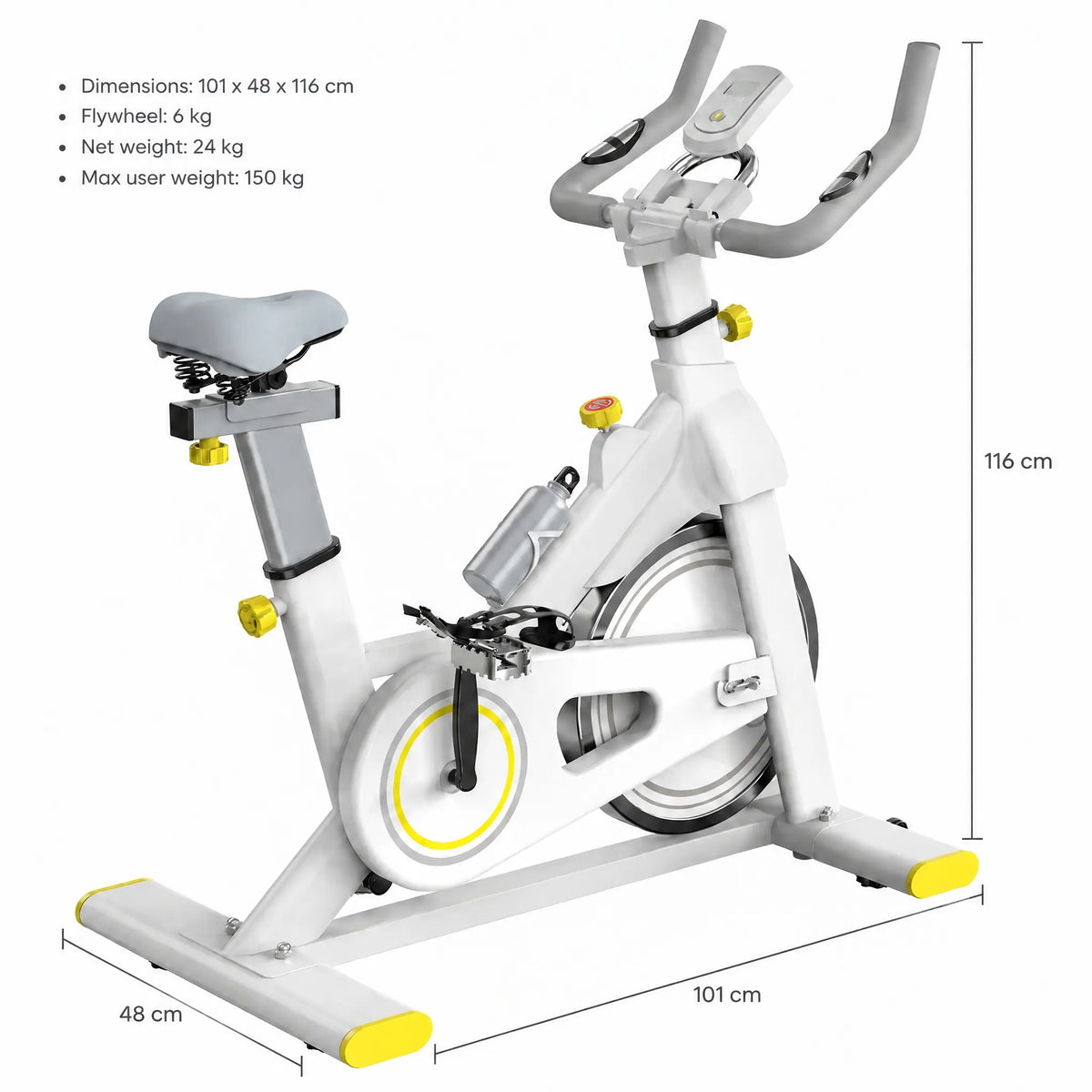 White Spin Bike with Yellow Accents, 6 kg Flywheel and LCD Display
